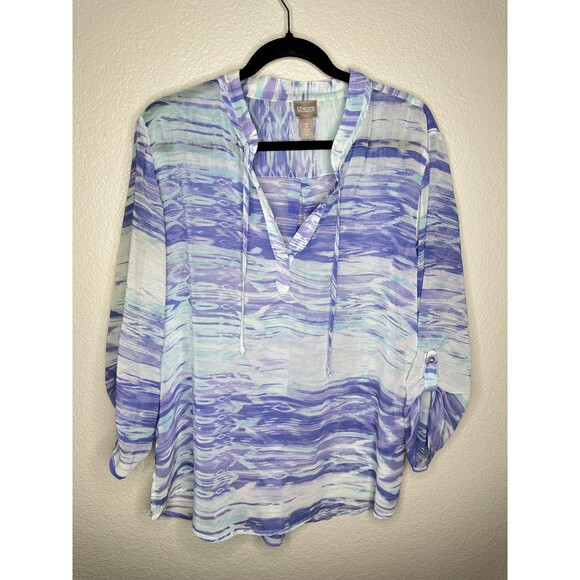Chico's Blouse Womens Large 2 Purple Blue Aqua Ikat Popover Split Neck Roll Tab - Picture 1 of 6